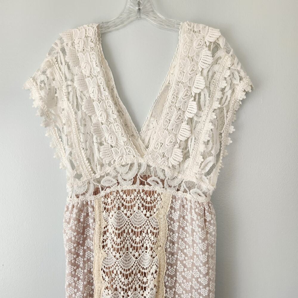 Champagne & Strawberry Anthropologie Crochet Dress Women's L Tan Whimsical Boho - Picture 2 of 15